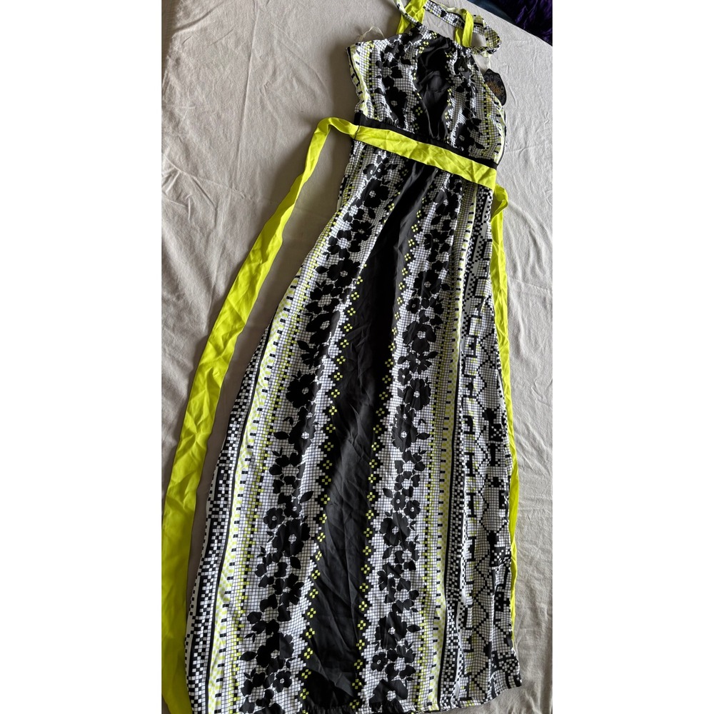 Apple Bottoms Halter Maxi Dress Neon Lime Green Black Floral Y2K AYD4021R Small